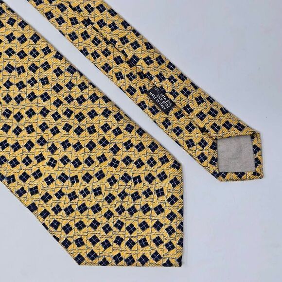 CANALI MILANO SILK TIE YELLOW GOLD BLUE GEOMETRIC WINDOW PATTERN LUXURY 4" X 57" - Picture 1 of 2